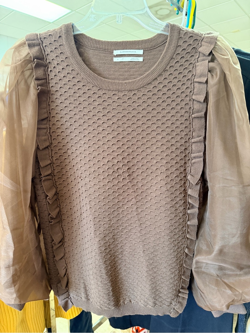 Anthropologie Sheer Puff Sleeve Textured Knit Sweater Taupe